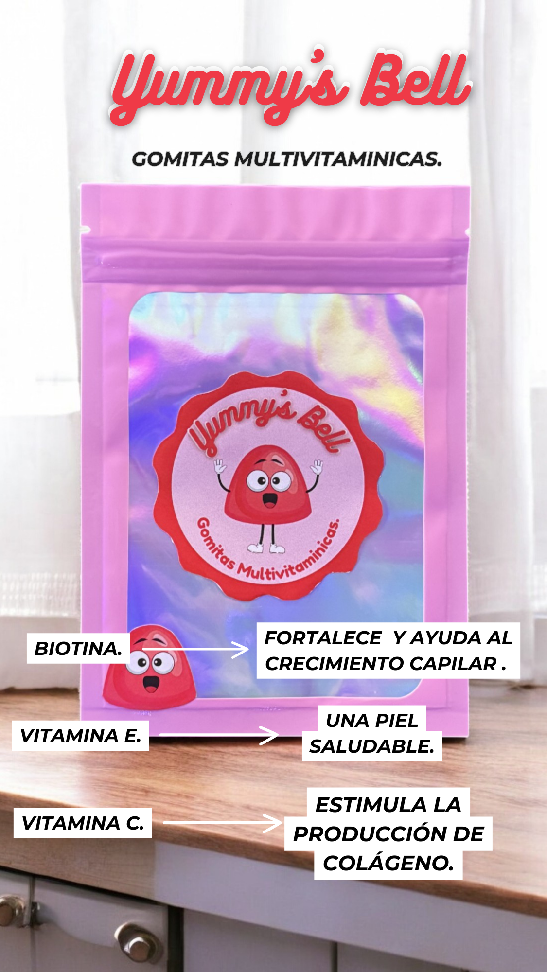 Gomitas Yummy's | Fortalece Piel, Cabello Y Uñas. | Suplemento dietario sabor frutilla.